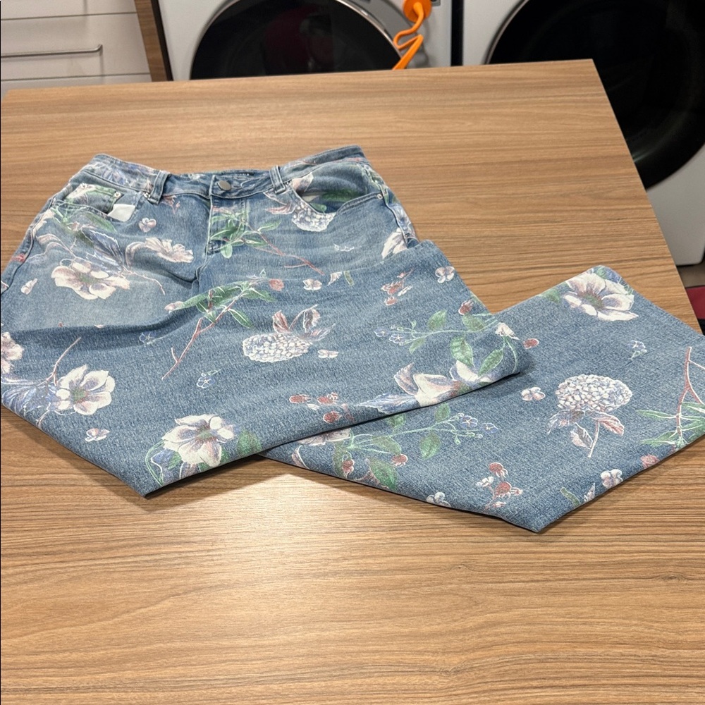Blue denim flower printed jeans
